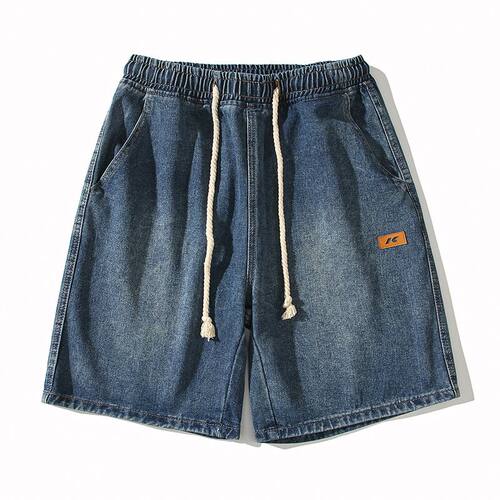 日本品牌松紧腰牛仔短裤男夏薄款