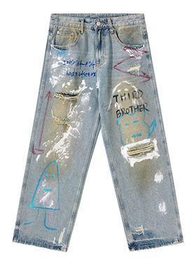 DESIGNSECRETS 25FW巴黎高端潮流趣味涂鸦牛仔裤男设计感破洞裤子