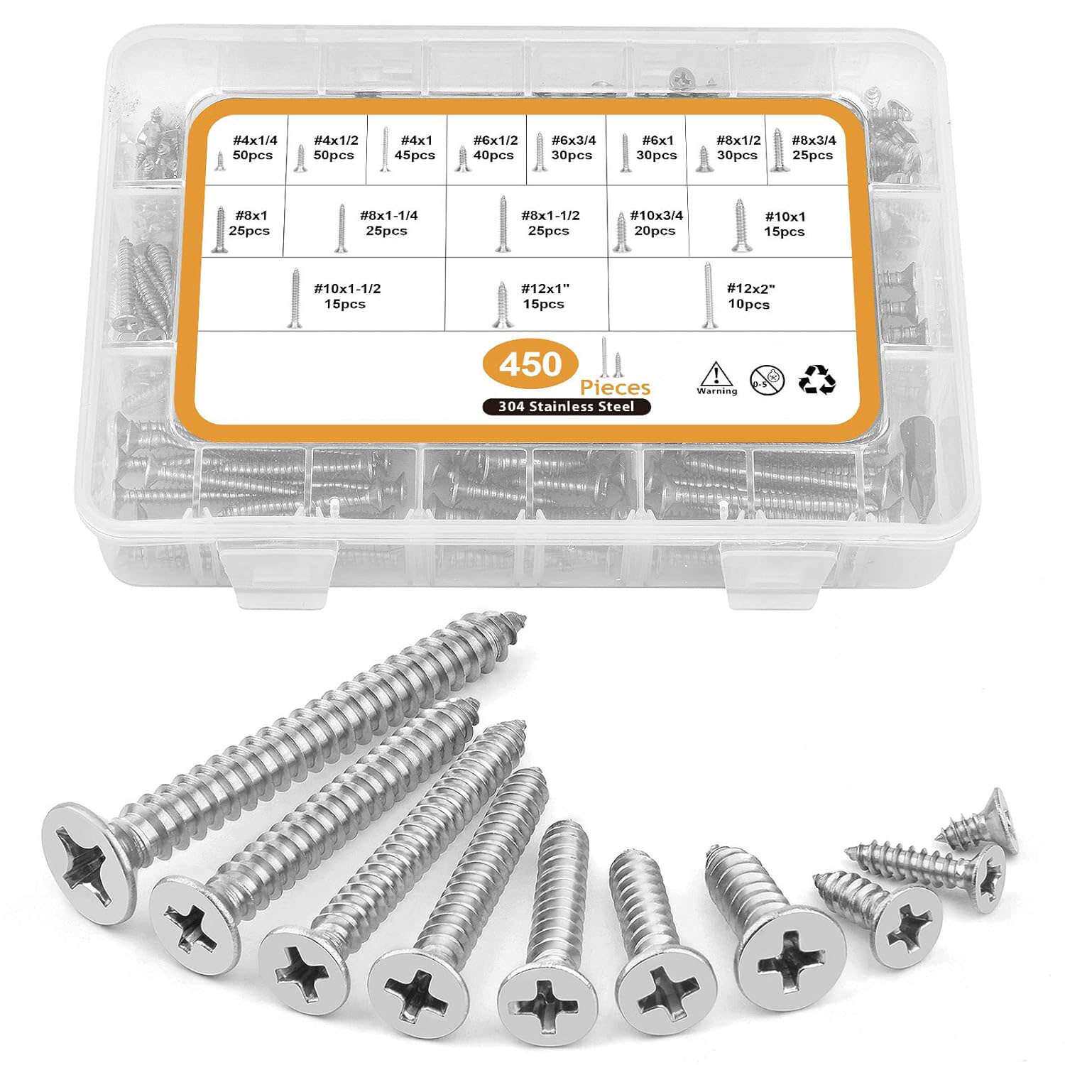 450/460pcs304不锈钢十字圆头自攻螺丝套装 十字沉头自攻螺丝盒装