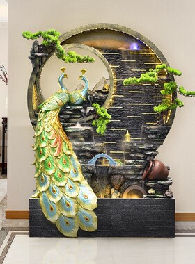 孔雀假山流水摆件l玄关客厅循环水幕墙景观送礼高山生财风水轮装