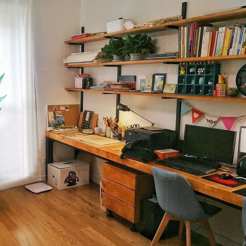 实木双人书桌书k架组合家用长电脑桌书柜满墙上壁挂卧室置物架