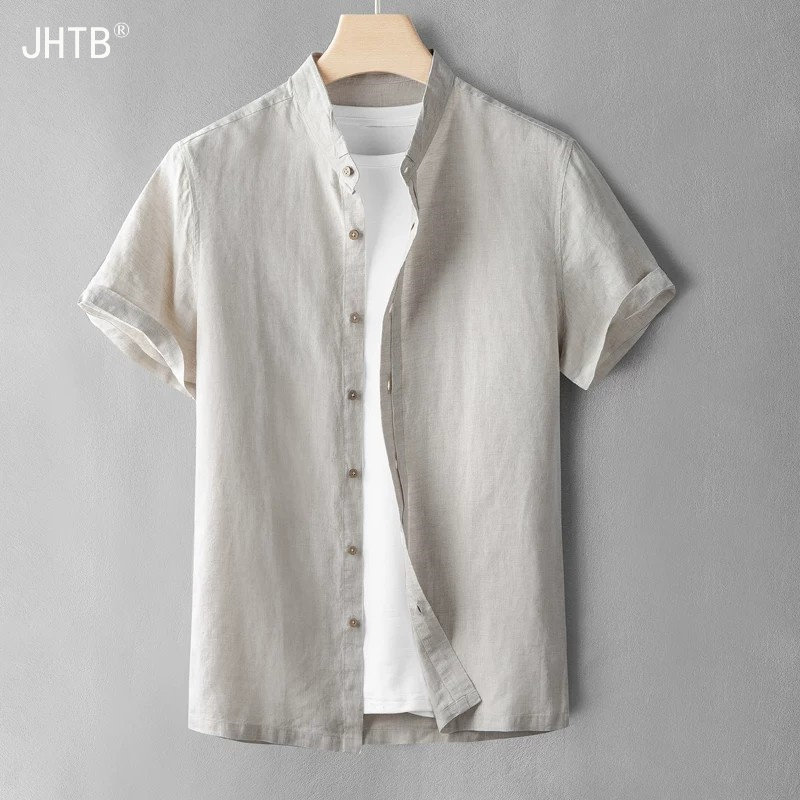 短袖衬衫男夏季复古亚麻立领纯色