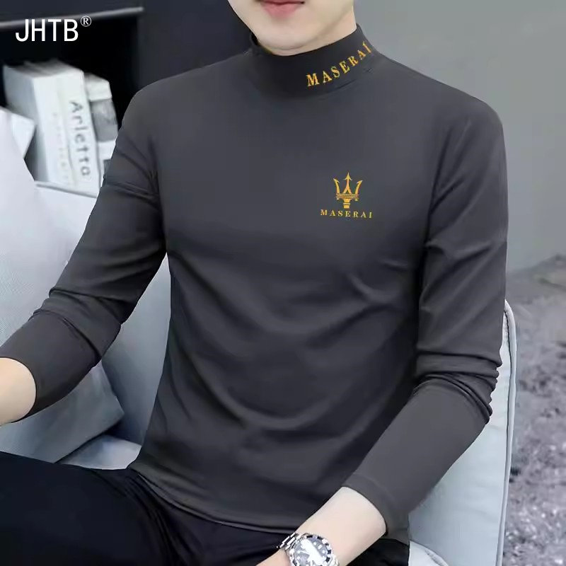 长袖t恤中领印花男士半高领打底衫秋冬新款内搭高端轻奢纯棉修身