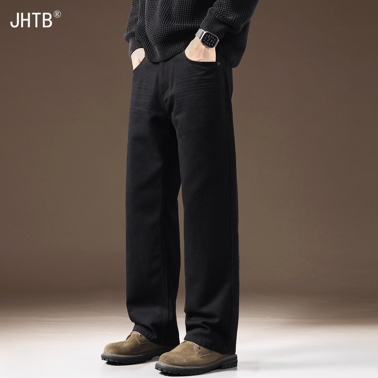 高端纯黑色男士牛仔裤宽松直筒阔腿2025春季加绒舒适休闲长裤子男