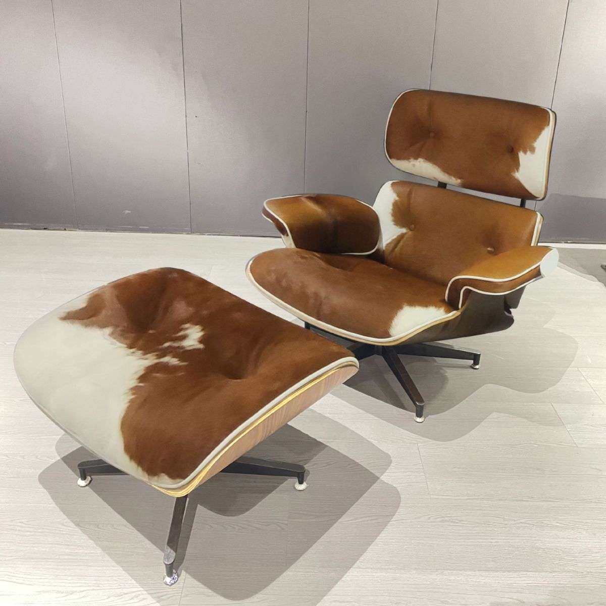 伊姆斯躺椅奶牛皮毛真皮休闲椅轻奢Eames Chair单人沙发旋转椅