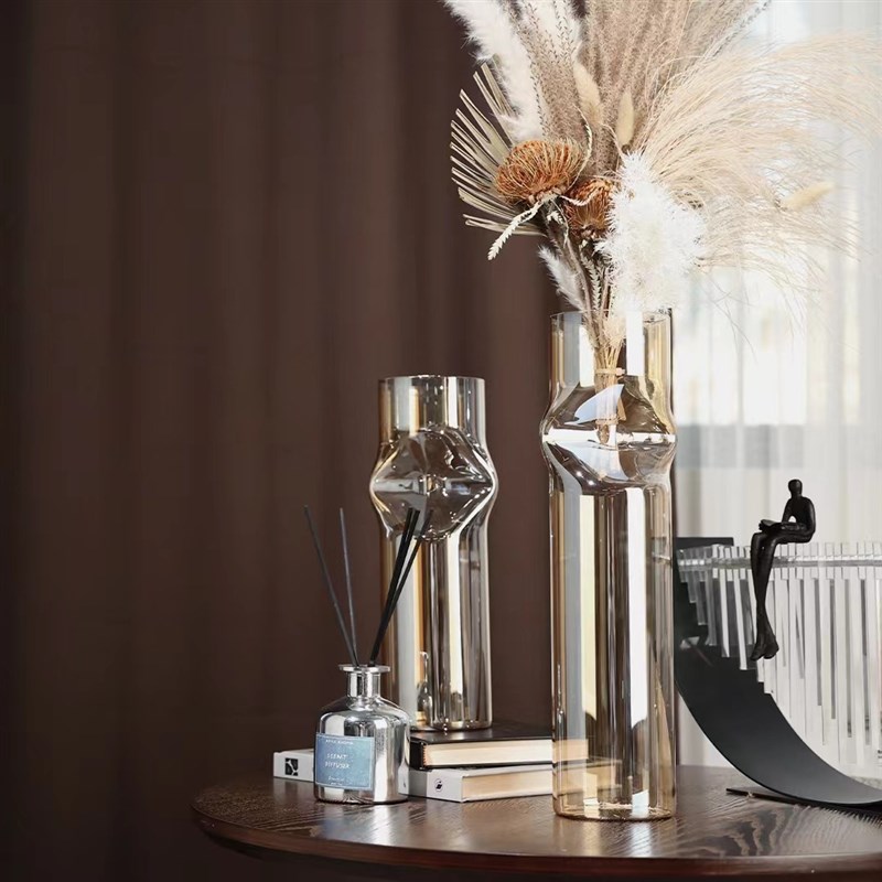 现代轻奢玻璃夹扁花瓶花器桌面摆件客厅餐厅样板间家居装饰品摆设