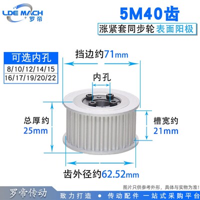 涨紧套同步轮5M40齿5M40T同步皮带轮 槽宽21 内孔8-22铝合金带轮