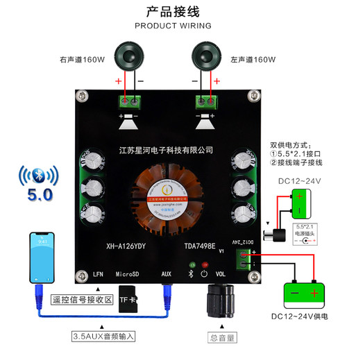 XH-A126大功率蓝牙5.0数字功放板TDA7498E音频放大器模块160W*2