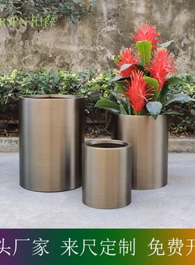 黄古铜圆筒 绿植套盆 仿真花艺 家居陈列桶 酒店花器 不锈钢圆柱