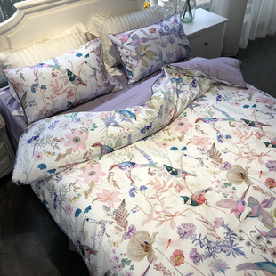 床单床品 小清新80支埃及长绒棉贡缎丝滑四件套全棉印花亲肤四季