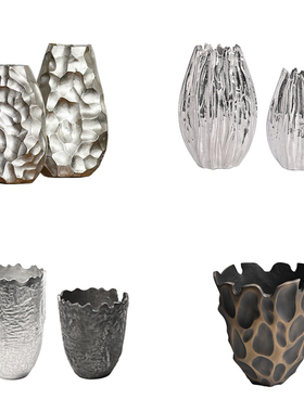 欧式现代简约铝制金属锤纹花器银色花瓶摆件样板间酒店客厅装饰品