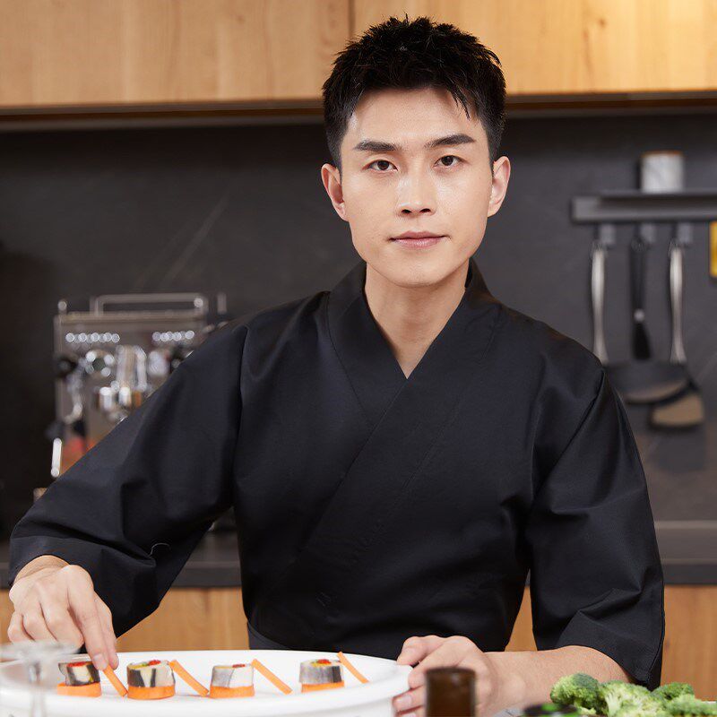料理店日式厨师工作服男长袖寿司店日料店白色和服厨房厨师服工衣