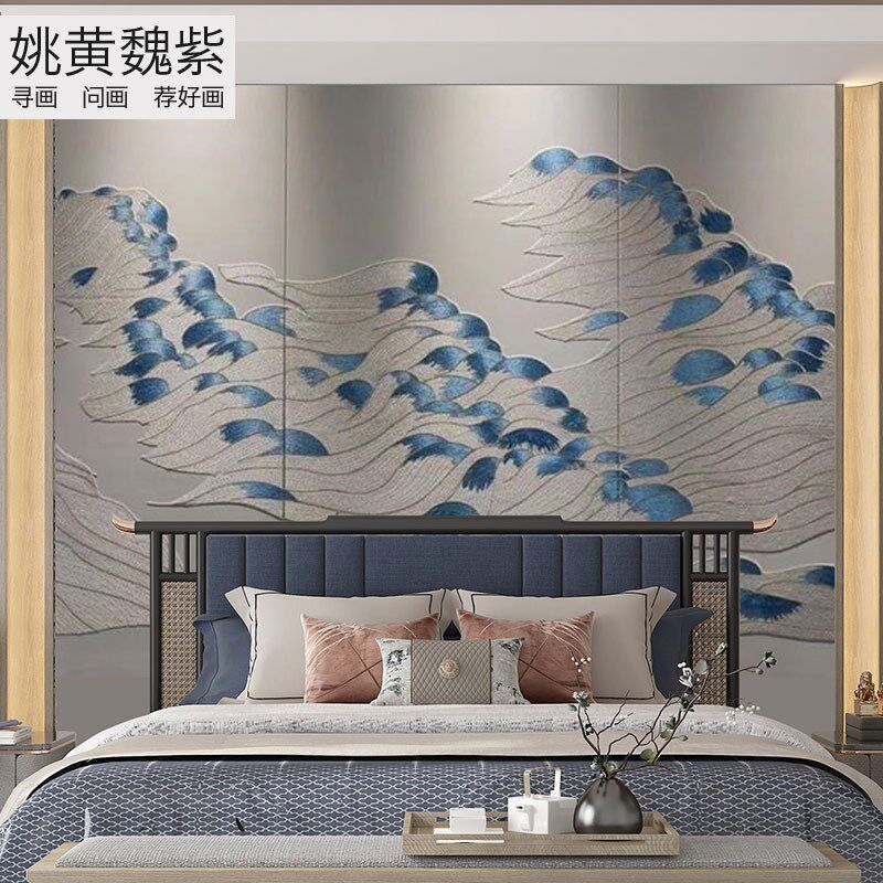 现代美学抽象水纹浪花整张刺绣墙布大宅床头硬包背景定制绣花壁布