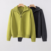 粗线精纺100%纯棉拉链针织开衫 女上衣宽松立领厚款 毛衣外套不起球