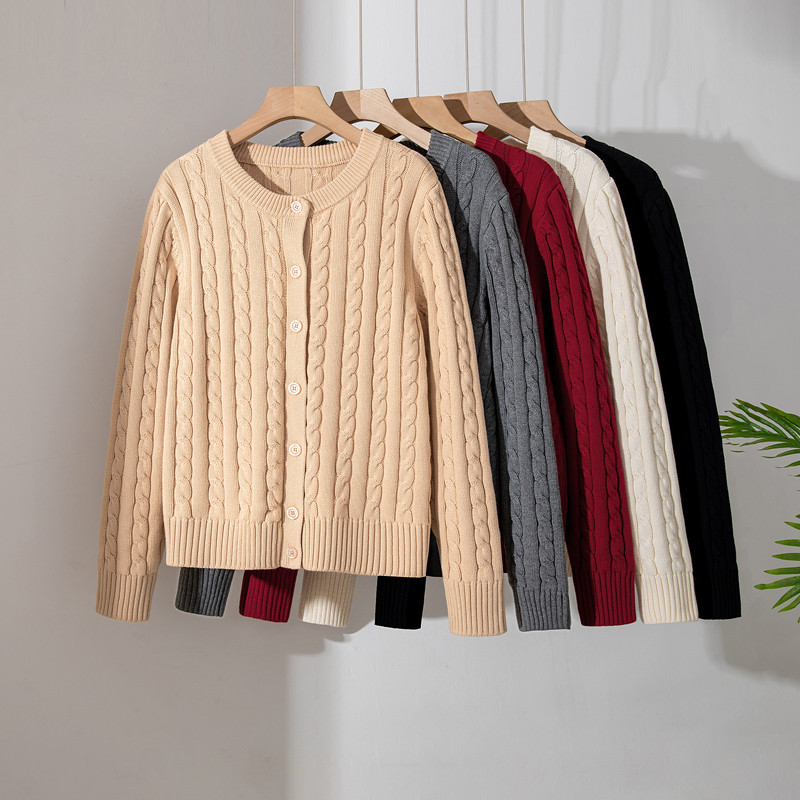 不起球100%纯棉绞花纹针织开衫女圆领纽扣毛衣外套厚款上衣不缩水