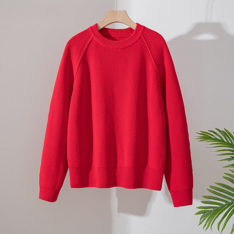 本命年100%纯棉圆领红色毛衣女士百搭基础款针织衫上衣厚款打底衫
