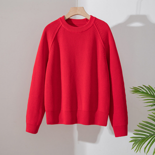 本命年100%纯棉圆领红色毛衣女士百搭基础款针织衫上衣厚款打底衫