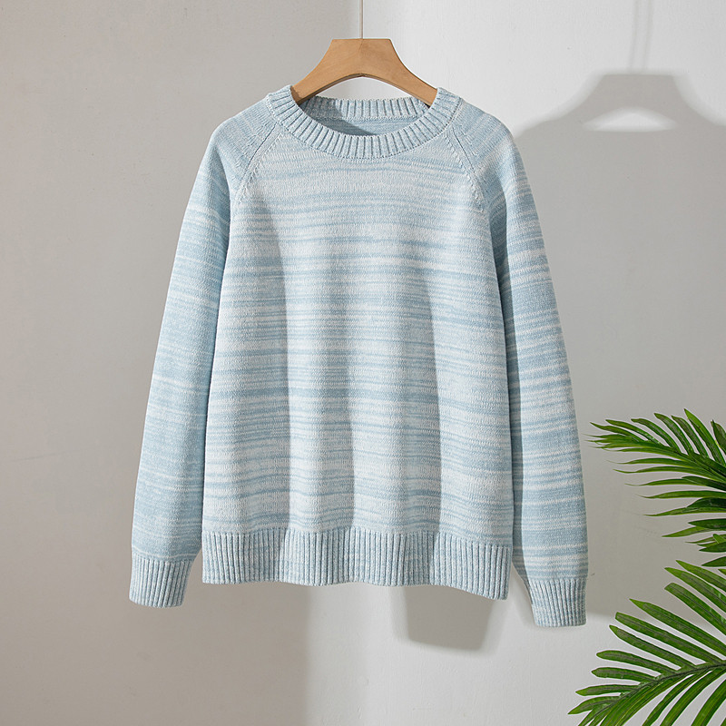 不起球100%纯棉条纹针织衫女圆领套头毛衣宽松百搭浅蓝色长袖上衣