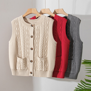 祖母风绞花纹100%纯棉针织马甲女士圆领无袖毛衣开衫背心叠穿外搭