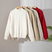 纯色加厚长袖 不起球100%纯棉线毛衣男女同款 半高领绞花针织衫 上衣