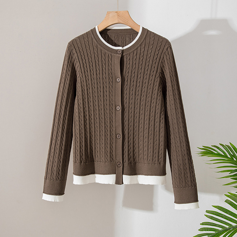 早春绝美巨好看上衣100%全棉针织开衫圆领麻花毛衣女士外套不起球