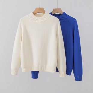 粗针厚款100%纯棉中领毛衣女秋冬半高领针织打底衫宽松上衣不起球