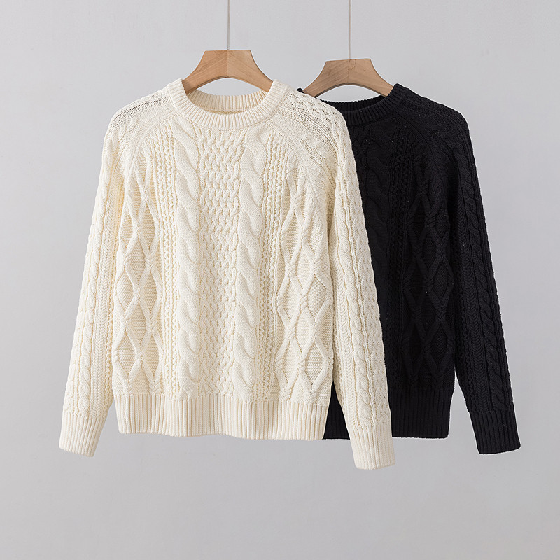 白色复古麻花100%纯棉毛衣女秋冬季圆领宽松厚款打底衫针织衫上衣