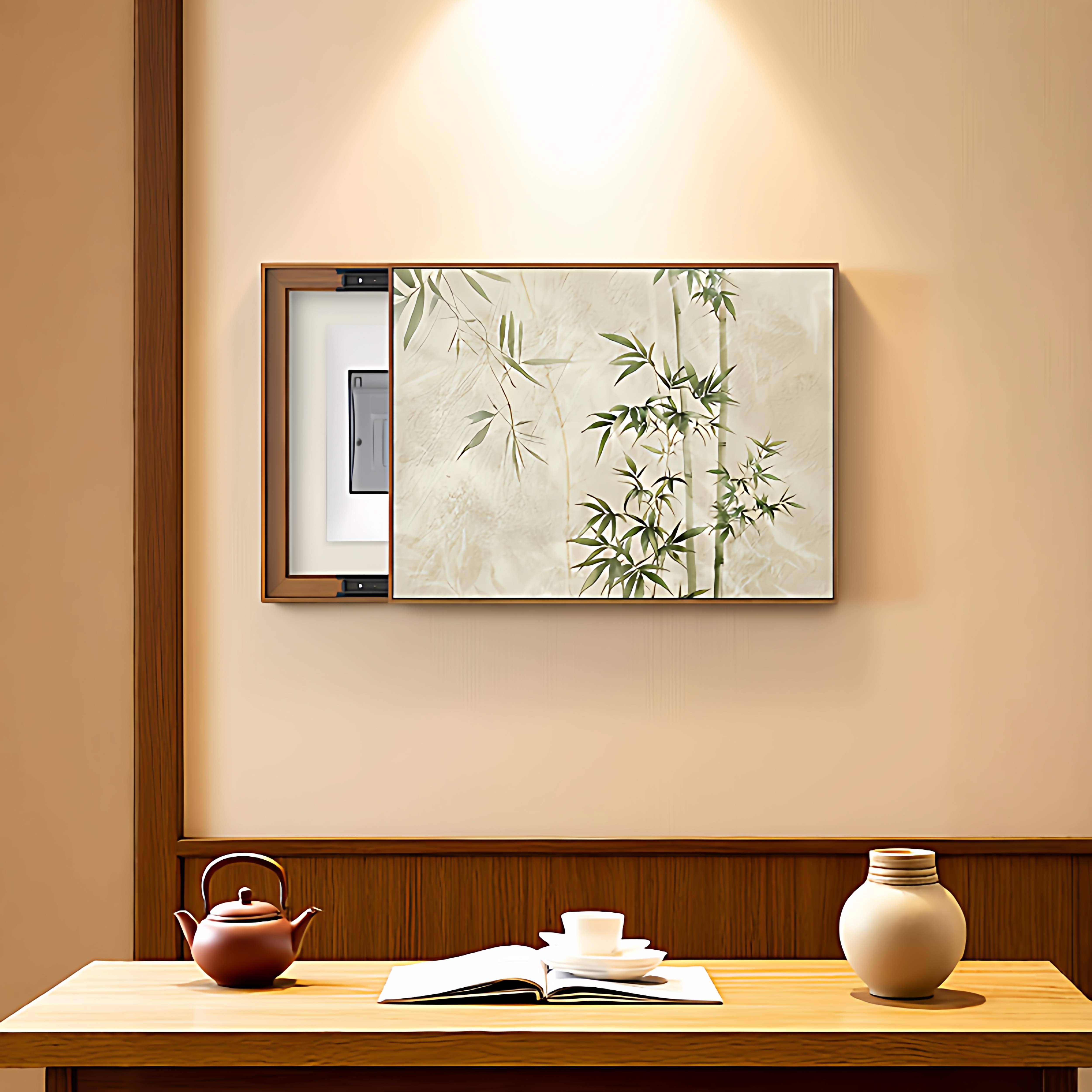 新中式免打孔电表箱装饰画竹子餐厅电源开关盒挡挂画电箱推拉壁画图片