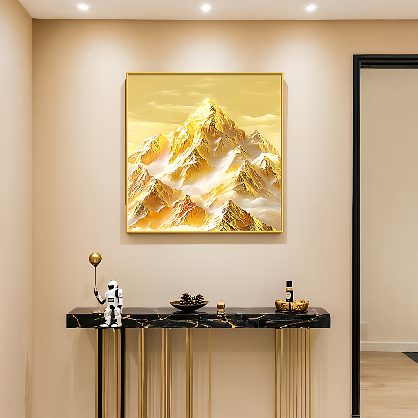 日照金山画靠山图客厅装饰画现代入户门玄关挂画高级感方形餐厅画图片