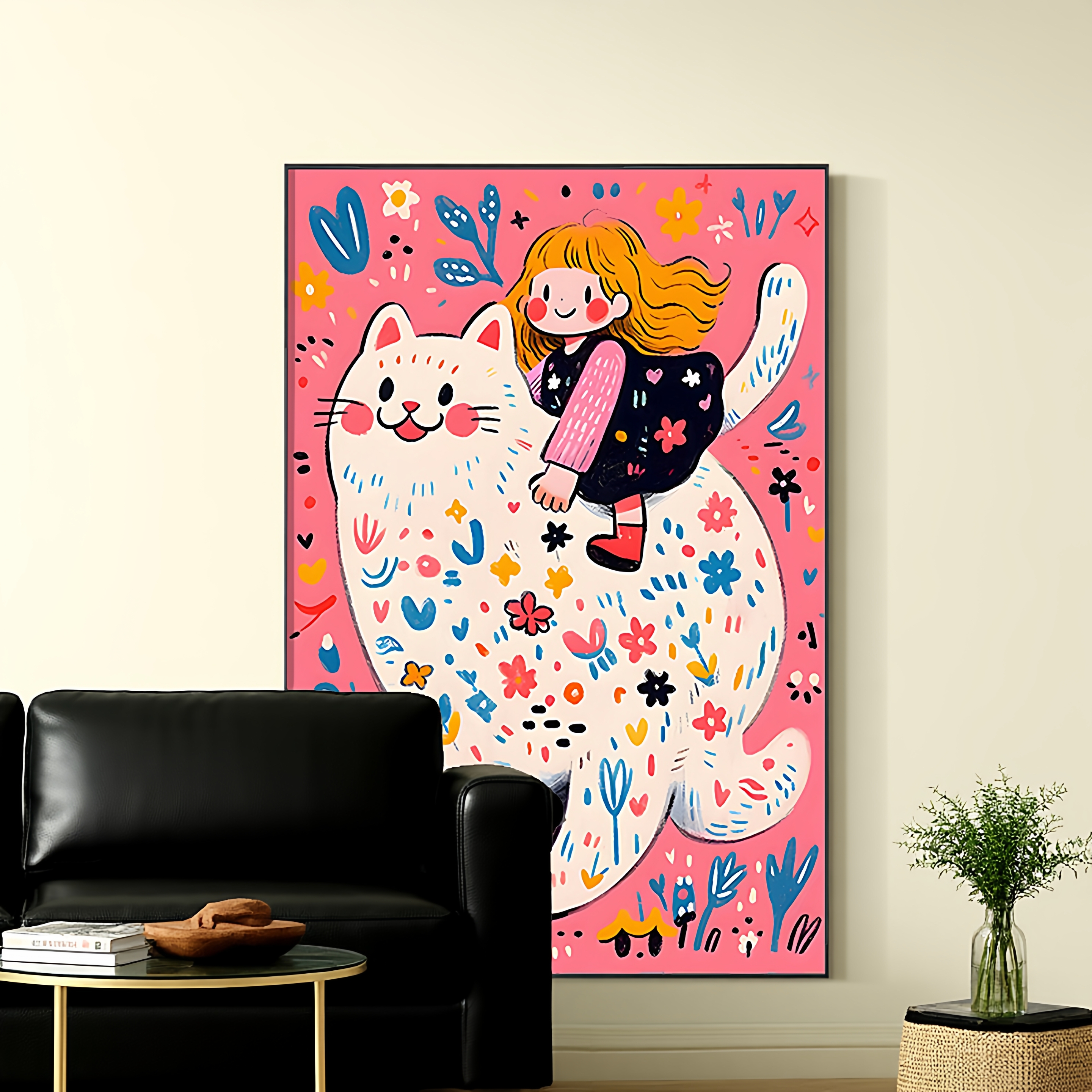 卡通动漫女孩与猫儿童房装饰画可爱动物壁画温馨童趣客厅床头挂画图片