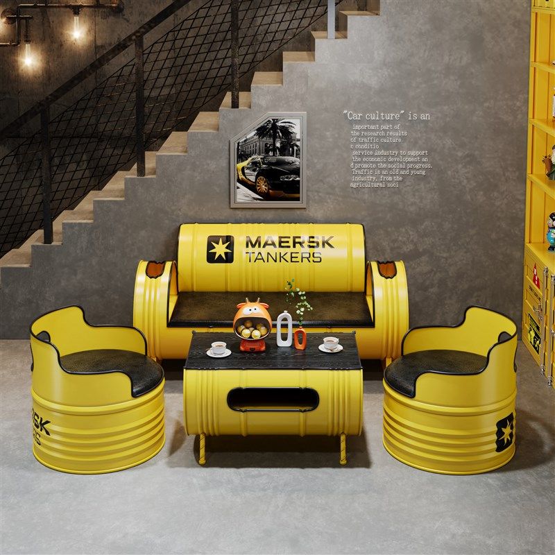 工业风卡座沙发办公室沙发茶几健身房酒吧休息区铁艺油桶桌椅组合