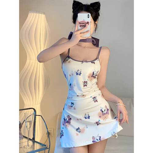 猫咪印花吊带纯欲风睡裙樱桃少女修身性感睡衣连衣裙女无袖包臀