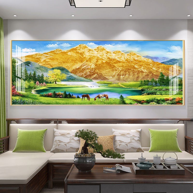 背靠聚宝盆装饰画招财金山客厅山水壁画办公室沙发挂画背景墙茶室
