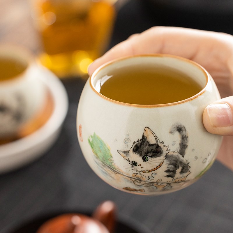 汝窑萌猫禅寂杯茶杯品茗杯功夫茶具