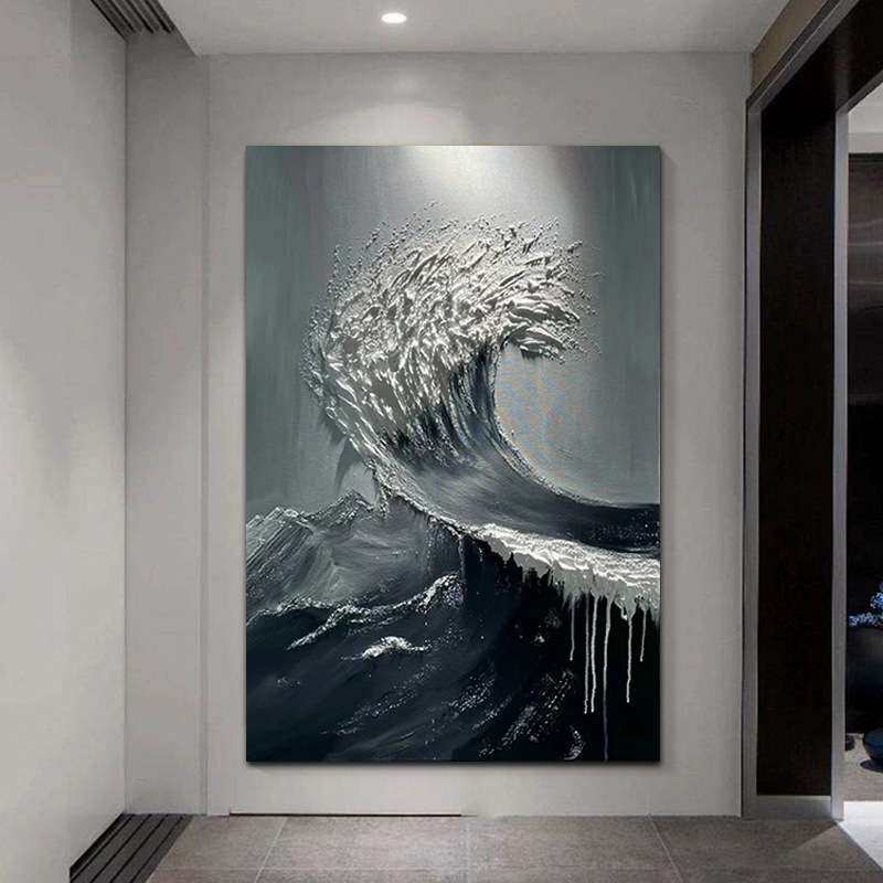 玄关肌理画客厅手绘油画黑白色海浪挂画大芬村石英砂岩立体落地画