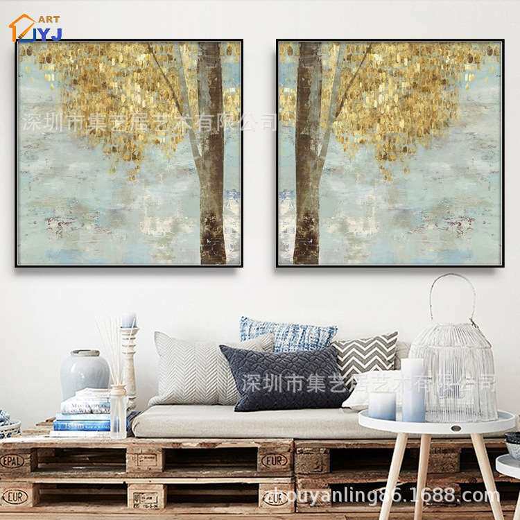 抽象发财树油画客厅玄关卧室装饰挂画手绘金属金箔成品画手工艺