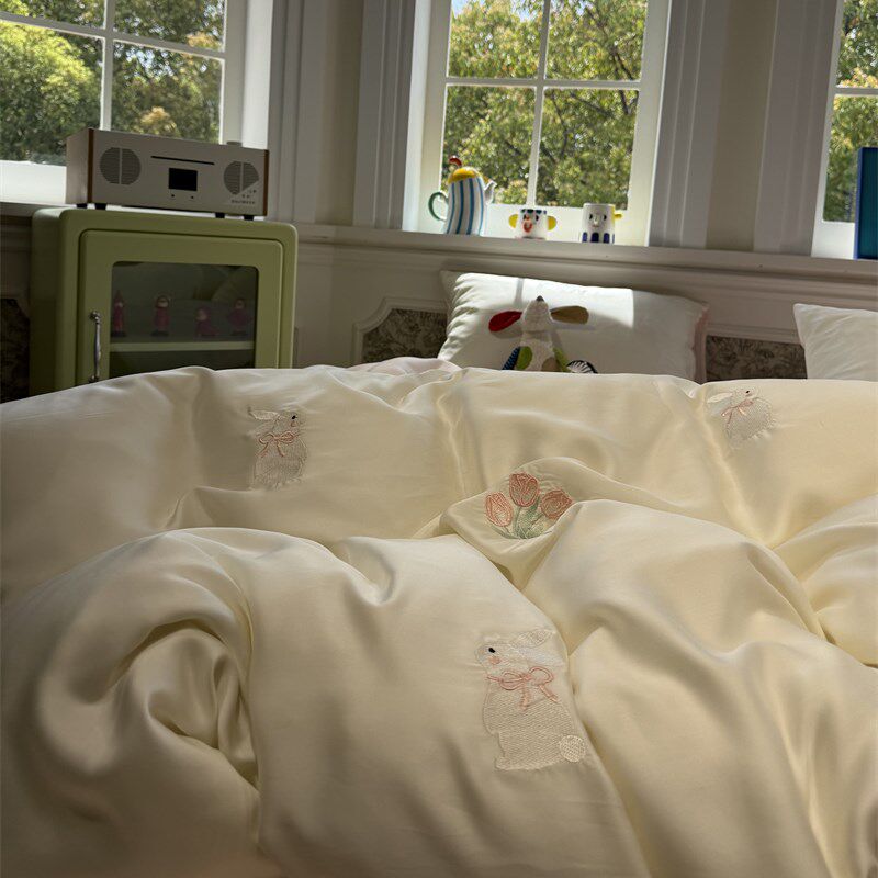 60支天丝凉f感丝滑莱赛尔纤维小兔郁金香四件套1.5m1.8米床单被套