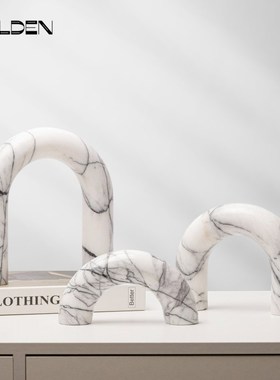 几何半圆拱形装j饰摆件样板间客厅博古架软装摆设品黄洞石手工艺