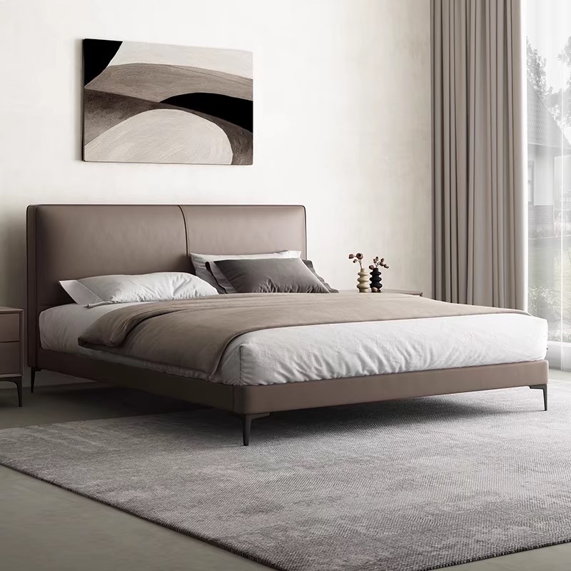 现代简约真c皮床薄床头主卧床小户型主卧收纳床1米8双人软包床婚