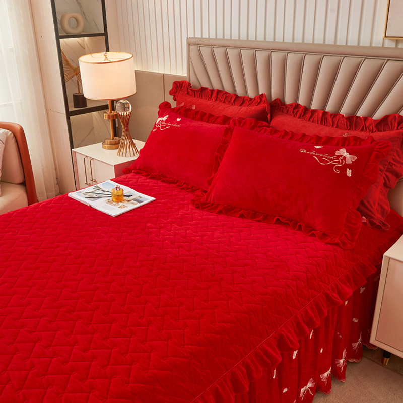 加厚保暖宝宝绒床裙三件套夹棉加绒婴儿珊瑚绒结婚红色床套罩单件