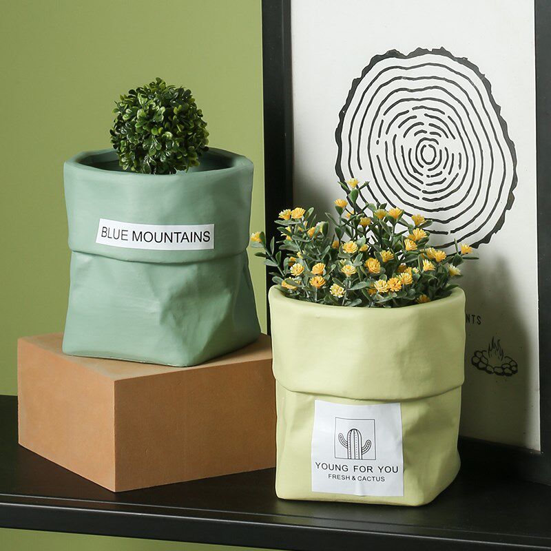 酥悦纸袋形状陶瓷花盆带托盘diy贴纸大容量桌面摆件绿植盆栽花架