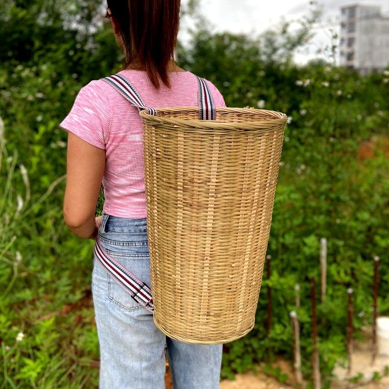 儿童竹编小背篓舞蹈道具圆背篓茶叶采摘竹筐小号特大号加固承重强