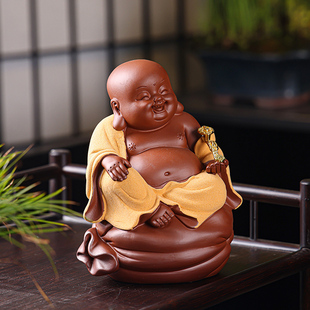 招财紫砂弥勒佛摆件客厅玄关博古架大肚笑佛佛像装饰茶室桌面摆设