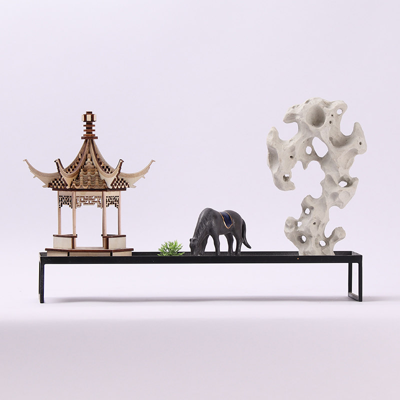 新中式木质凉亭托盘组合套装摆件样板房间售楼处展厅花几桌面饰品