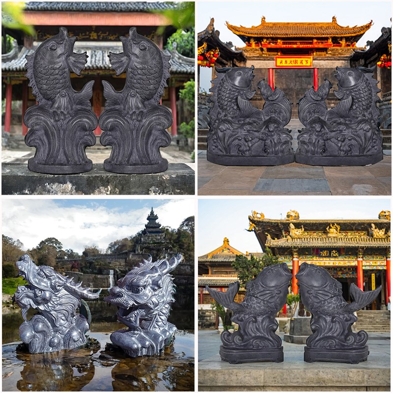石雕龙头吐水喷水假山景观摆件庭院装饰园林寺庙水池鲤鱼石头流水