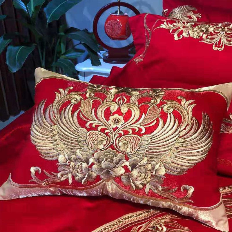 婚庆四件套大红色刺绣新婚床品结婚六八十全棉床上用品4件套