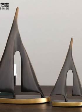 一帆风顺黄铜帆i船办公室轻奢高档摆件送领导老板创意新中式装饰