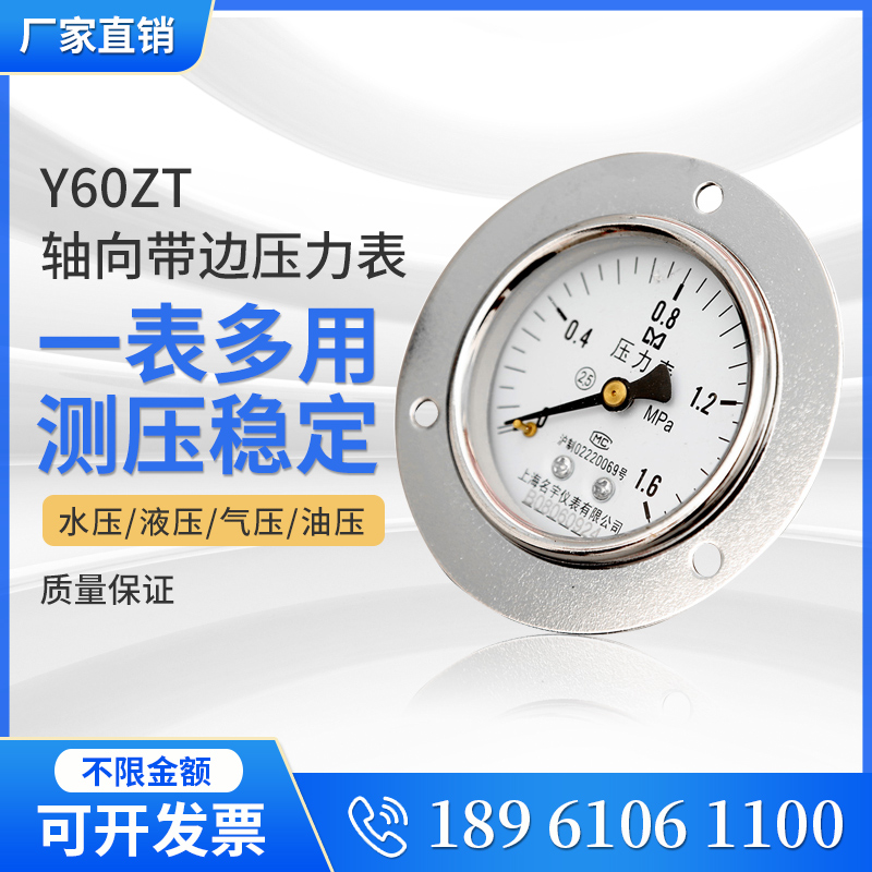 Y60ZT轴向带边压力表表盘固定安装式0-0.6/1/1.6/2.5/4/6/10Mpa