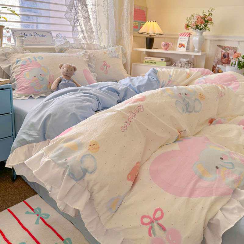 法式公主小清新水洗棉四件套少女心碎花被套荷叶边宿舍床单三件套