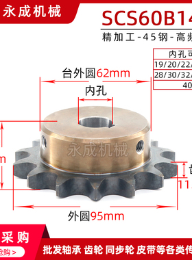 SCS 6分60B14齿高品质成型孔链轮12A14T 外径95精车内孔键槽顶丝